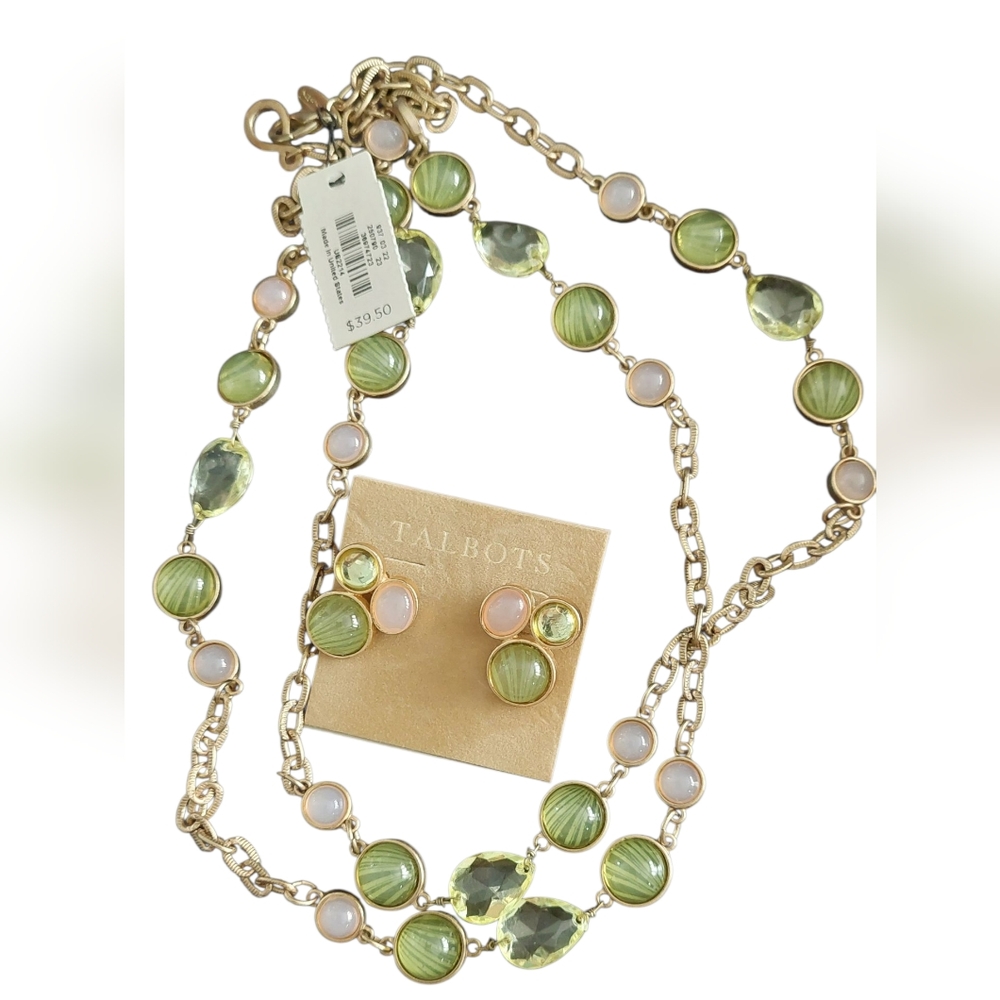 Talbots Gold, Pink and Green Necklace w/ Earrings with Vintage-Inspired Design
